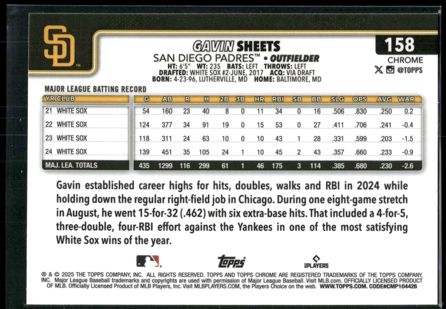 2025 Topps Chrome #158 Gavin Sheets