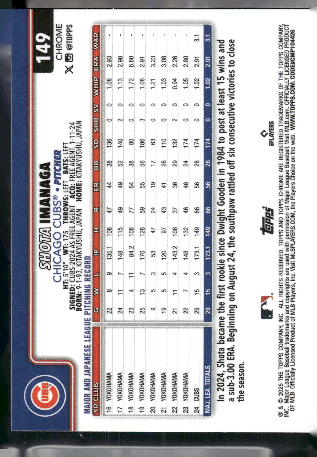 2025 Topps Chrome #149 Shota Imanaga