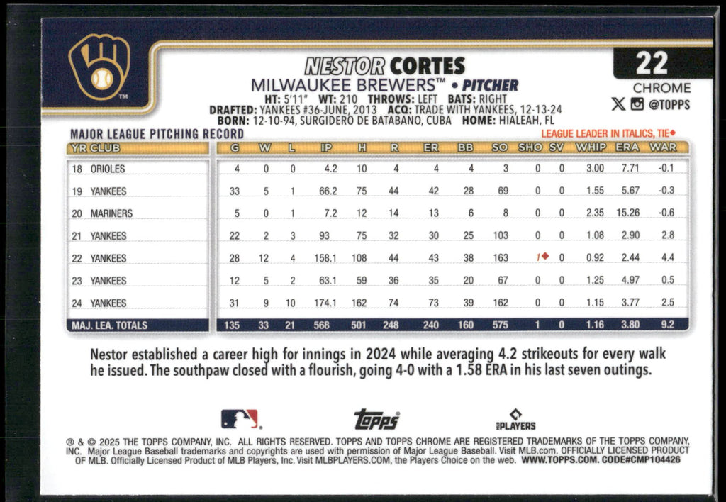 2025 Topps Chrome #22 Nestor Cortes