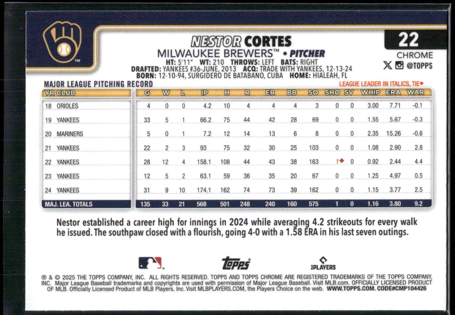 2025 Topps Chrome #22 Nestor Cortes