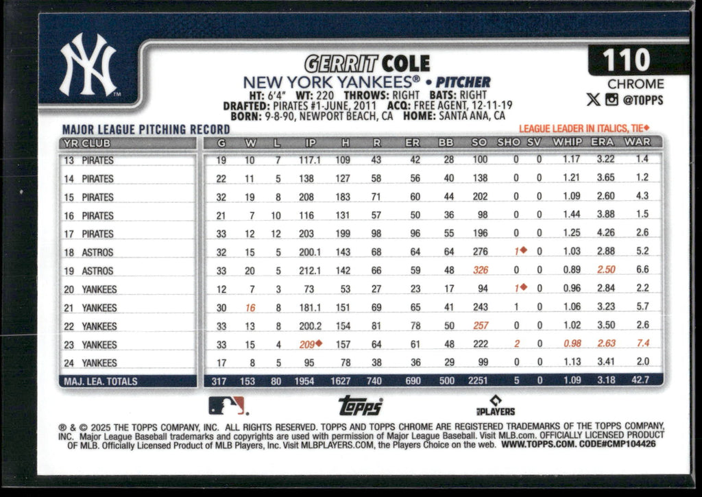 2025 Topps Chrome #110 Gerrit Cole