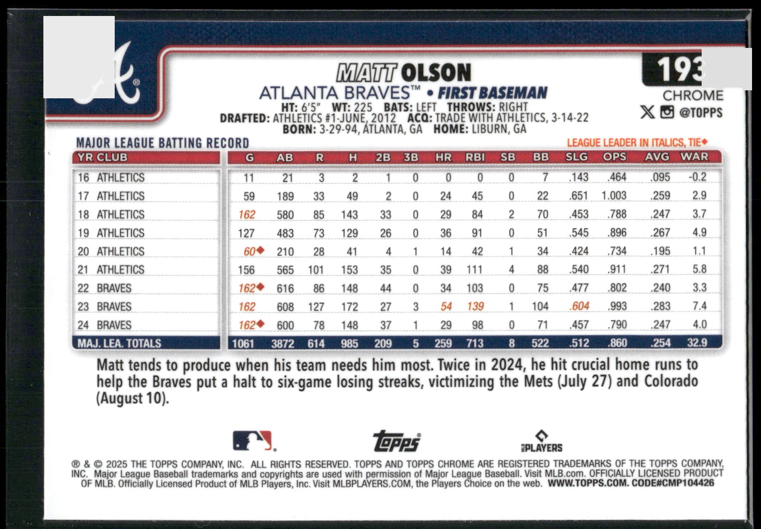 2025 Topps Chrome #193 Matt Olson