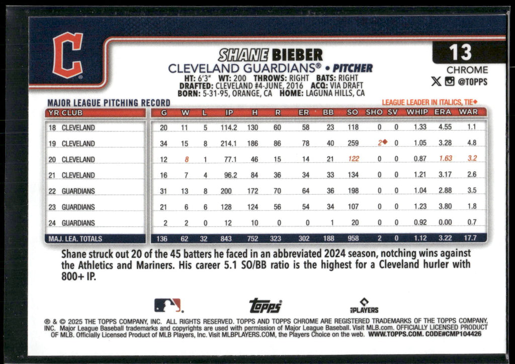 2025 Topps Chrome #13 Shane Bieber
