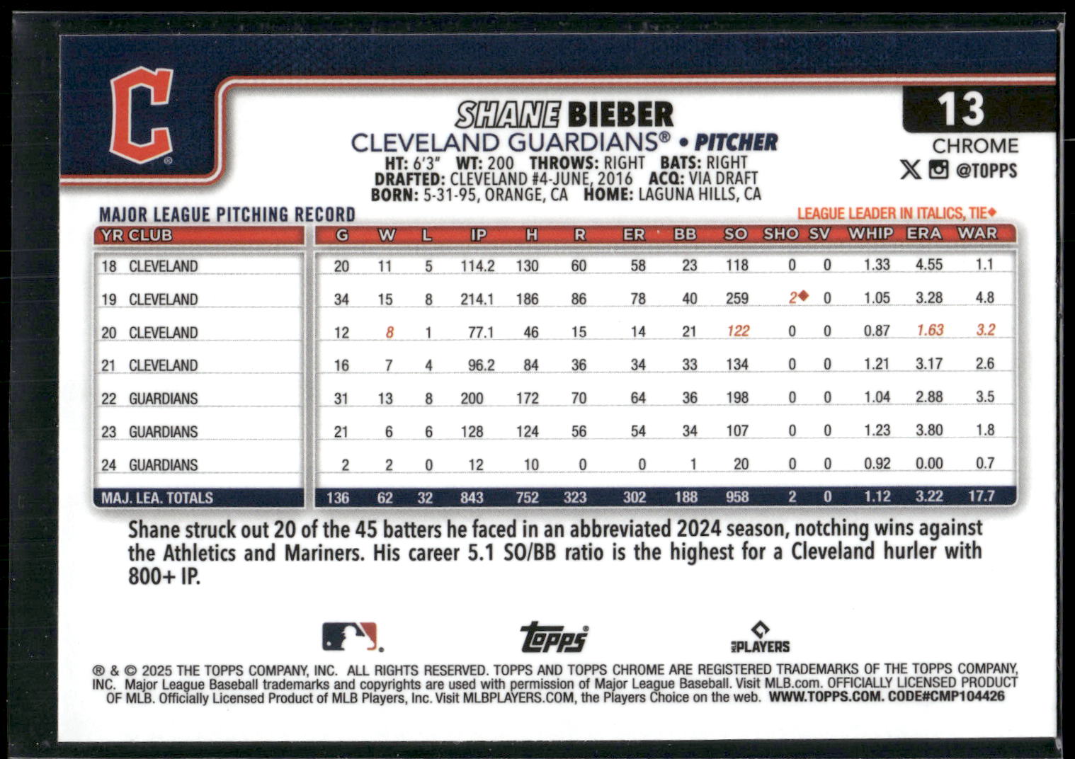 2025 Topps Chrome #13 Shane Bieber