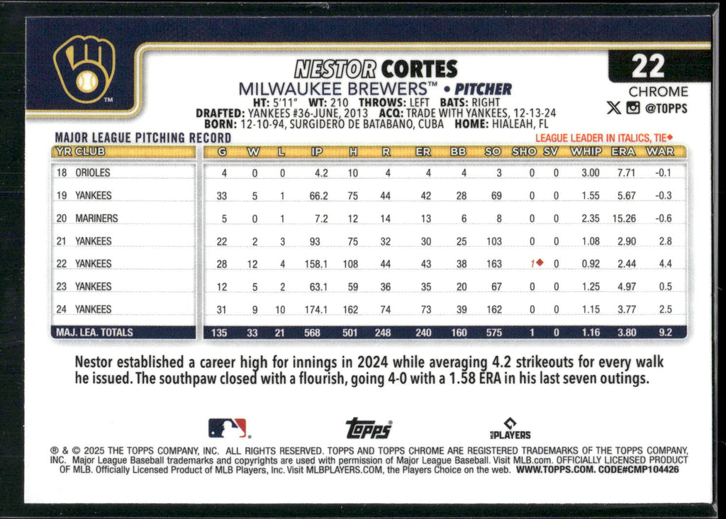 2025 Topps Chrome #22 Nestor Cortes