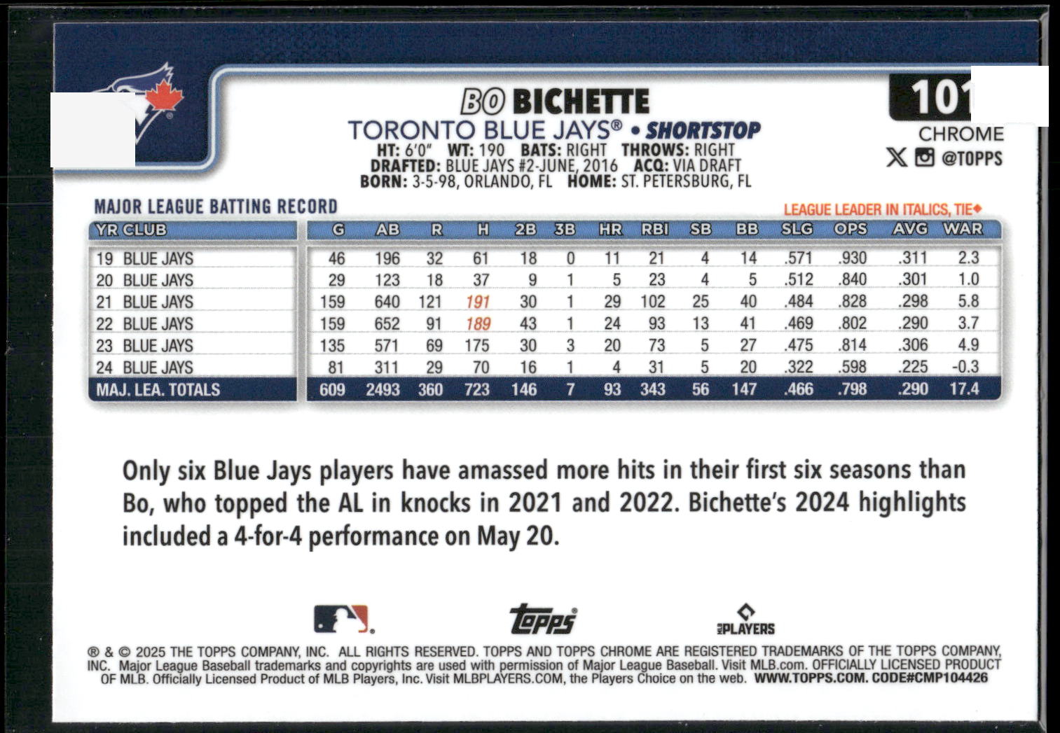 2025 Topps Chrome #101 Bo Bichette
