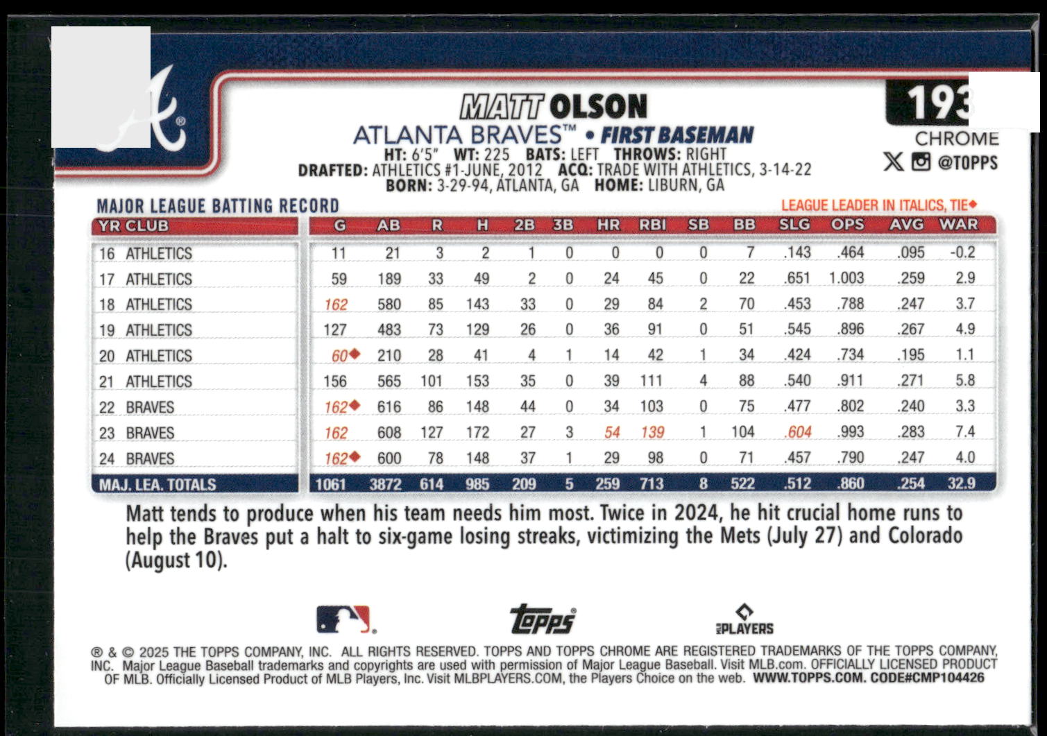 2025 Topps Chrome #193 Matt Olson