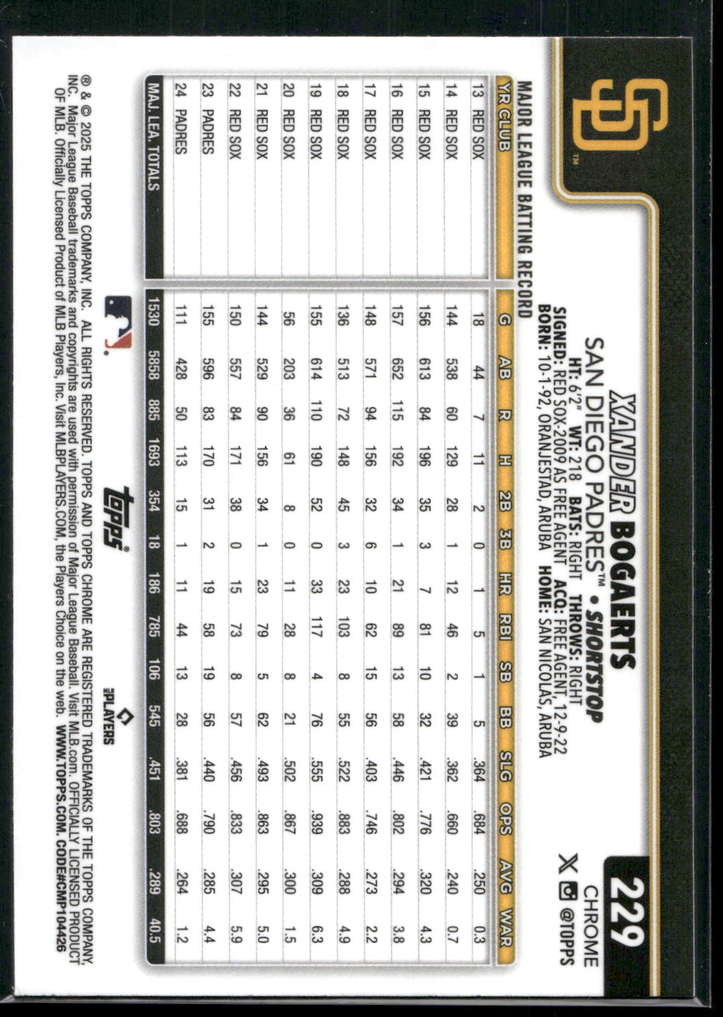 2025 Topps Chrome #229 Xander Bogaerts