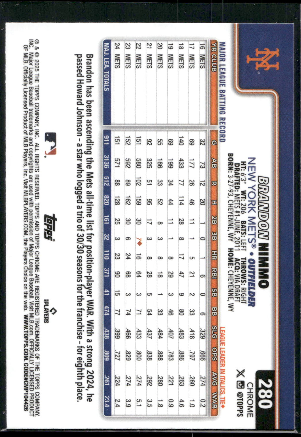 2025 Topps Chrome #280 Brandon Nimmo