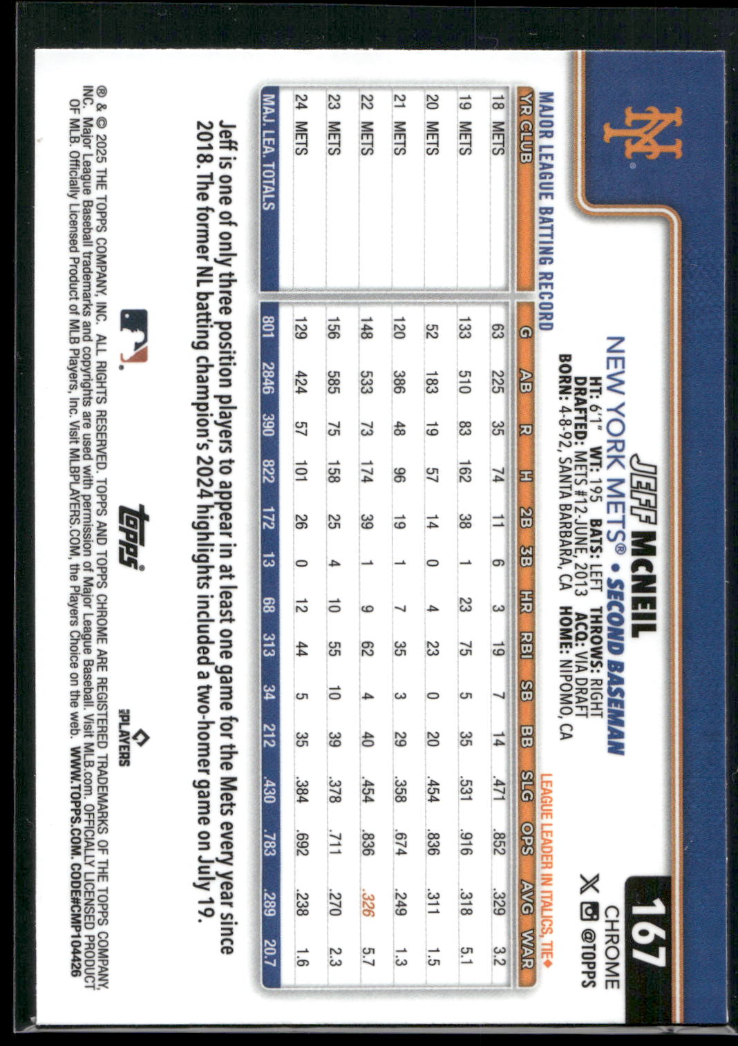 2025 Topps Chrome #167 Jeff McNeil