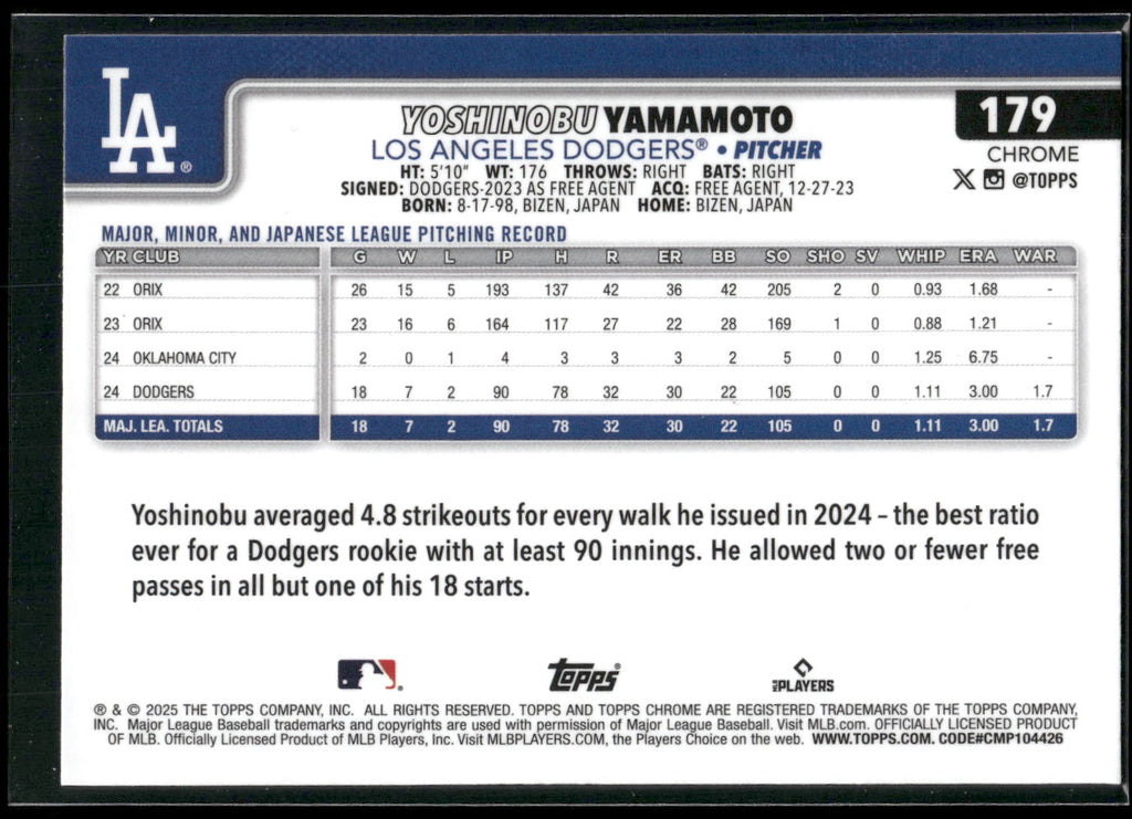 2025 Topps Chrome #179 Yoshinobu Yamamoto