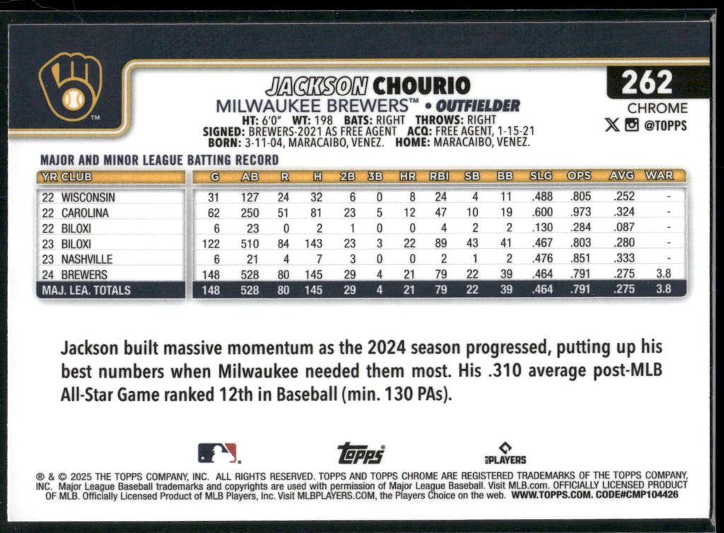 2025 Topps Chrome #262 Jackson Chourio