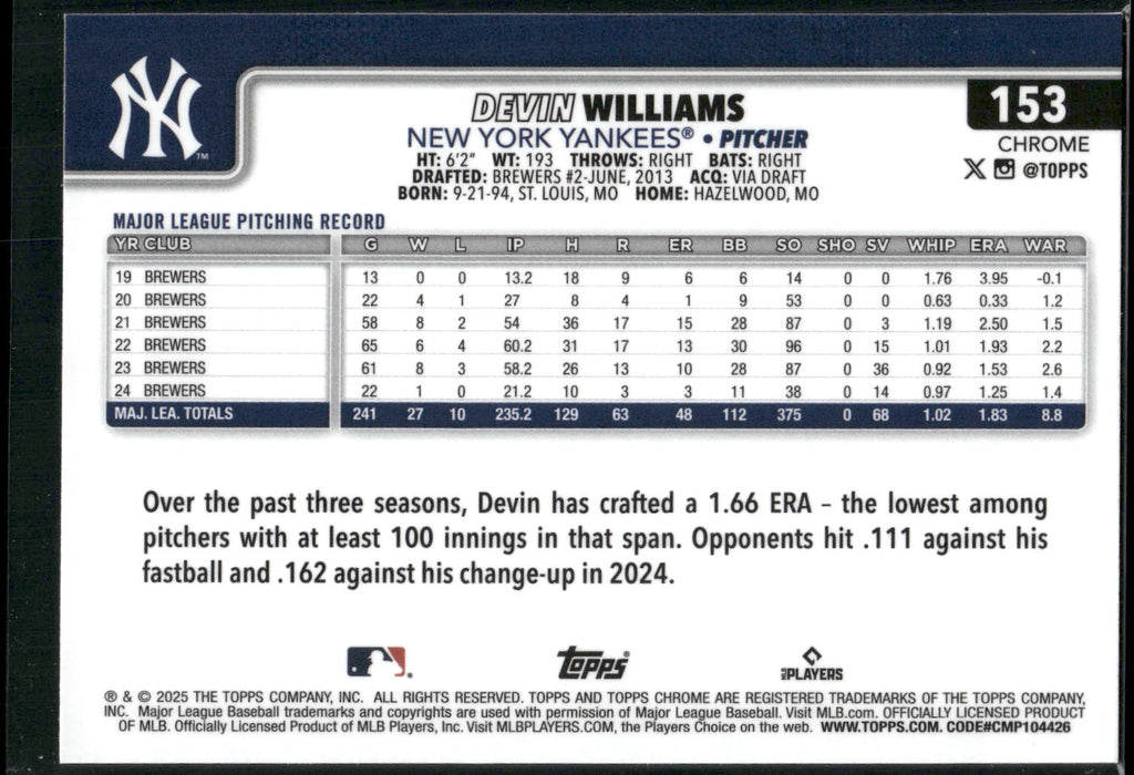 2025 Topps Chrome #153 Devin Williams