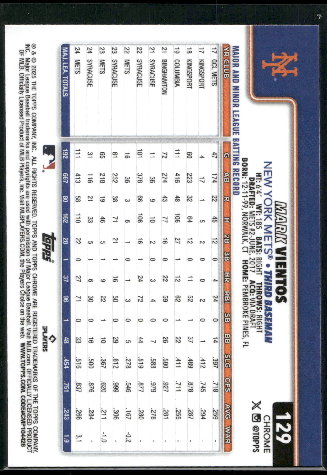2025 Topps Chrome #129 Mark Vientos
