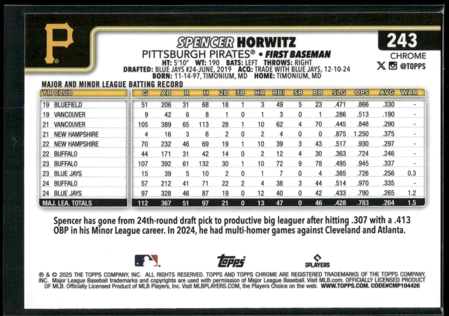 2025 Topps Chrome #243 Spencer Horwitz