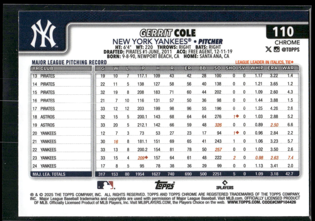 2025 Topps Chrome #110 Gerrit Cole