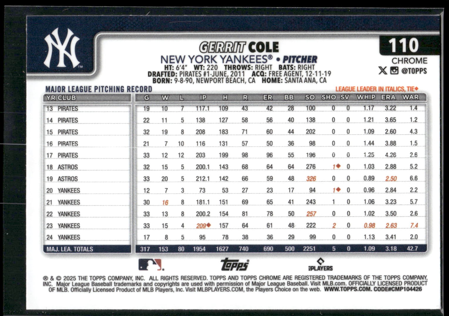 2025 Topps Chrome #110 Gerrit Cole