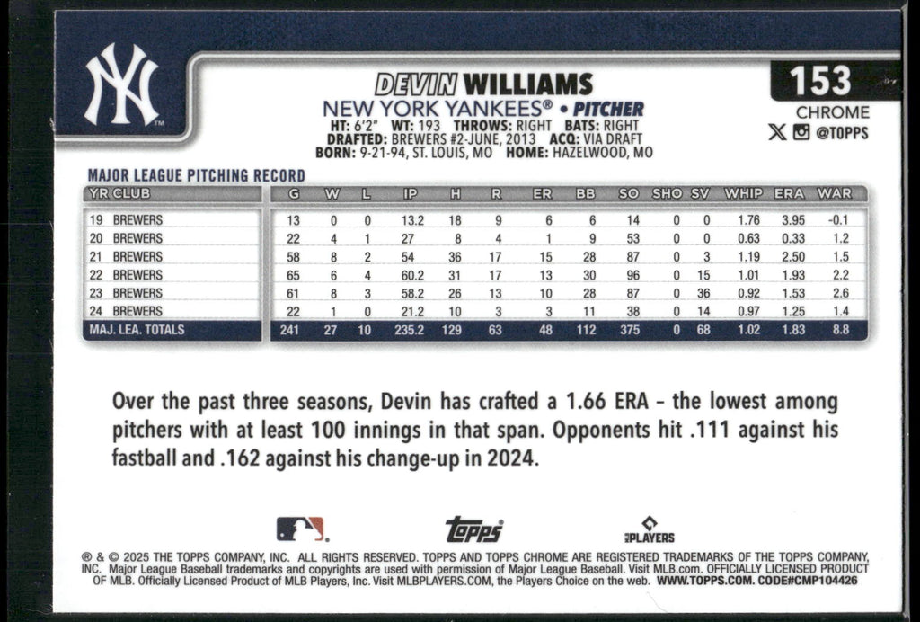 2025 Topps Chrome #153 Devin Williams