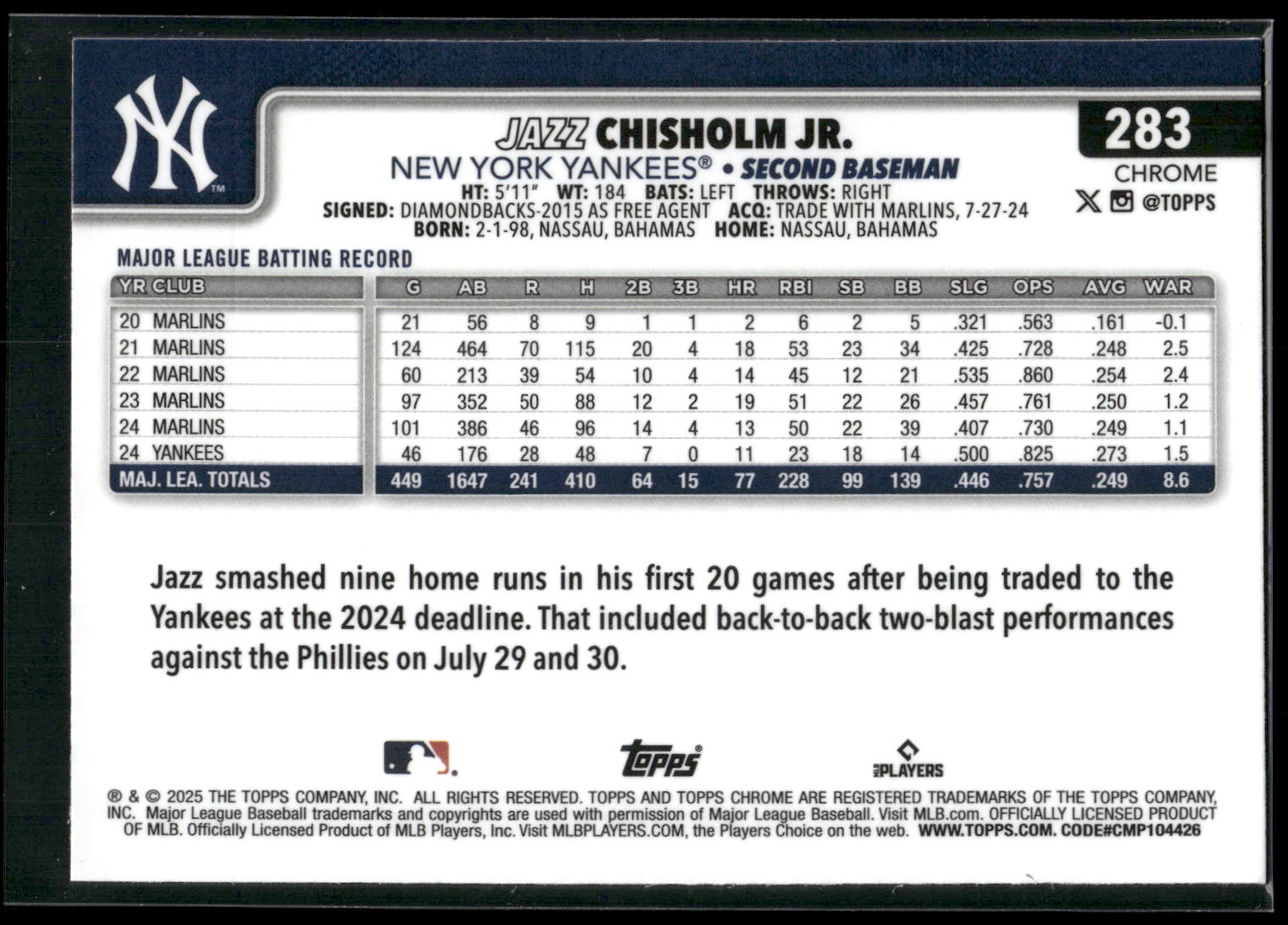 2025 Topps Chrome #283 Jazz Chisholm Jr.