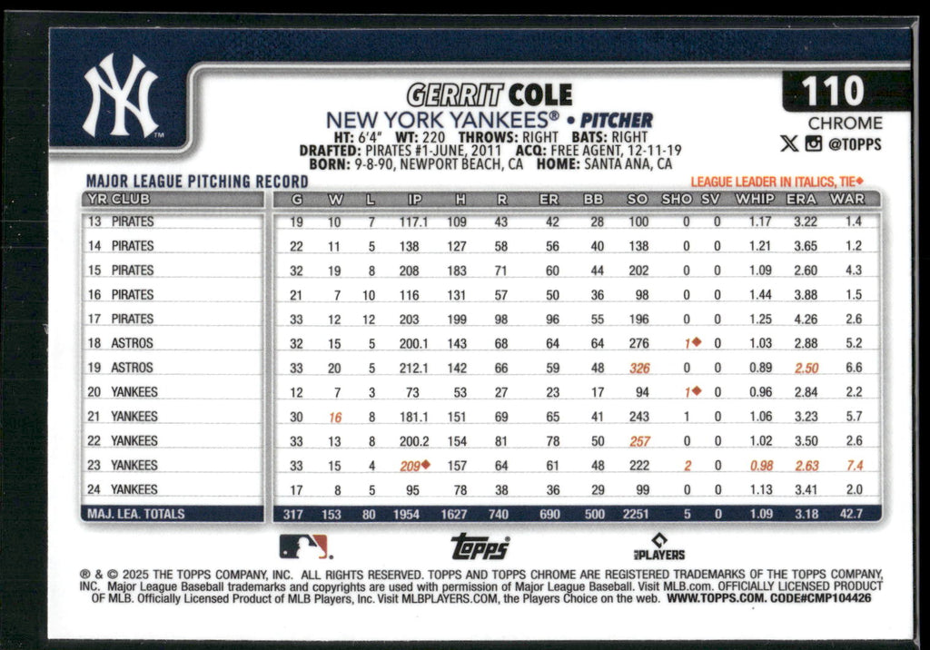2025 Topps Chrome #110 Gerrit Cole