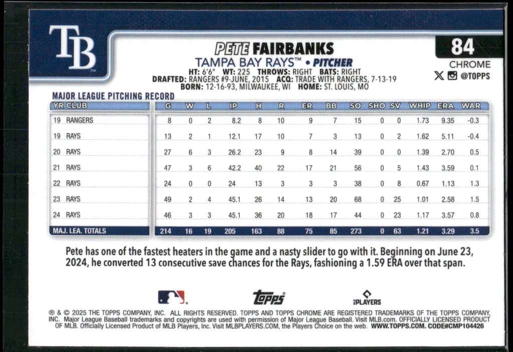 2025 Topps Chrome #84 Pete Fairbanks