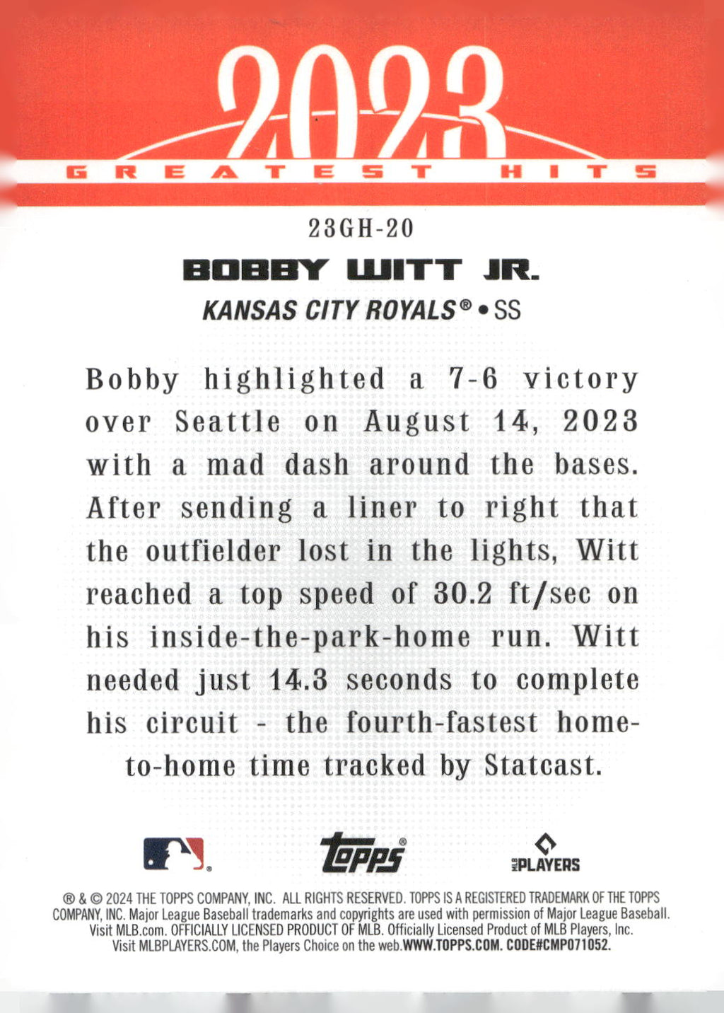 2024 Topps #23GH-20 Bobby Witt Jr. 2023 Greatest Hits