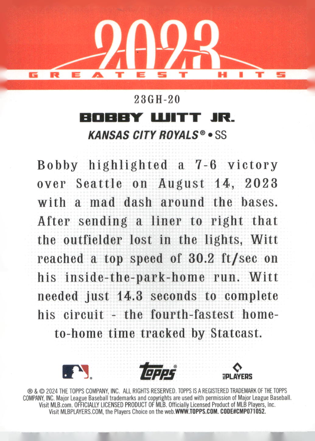 2024 Topps #23GH-20 Bobby Witt Jr. 2023 Greatest Hits