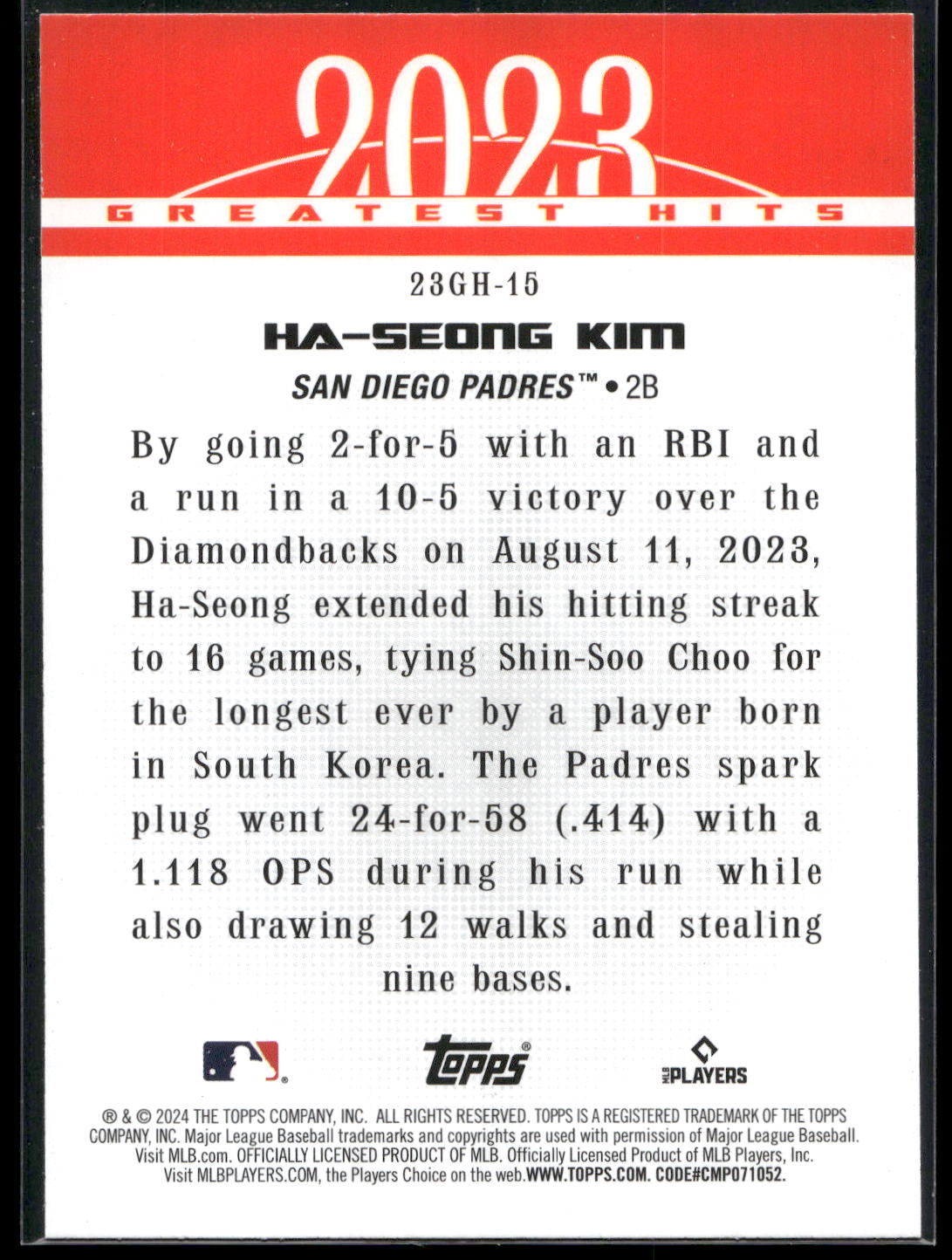 2024 Topps #23GH-15 Ha-Seong Kim 2023 Greatest Hits