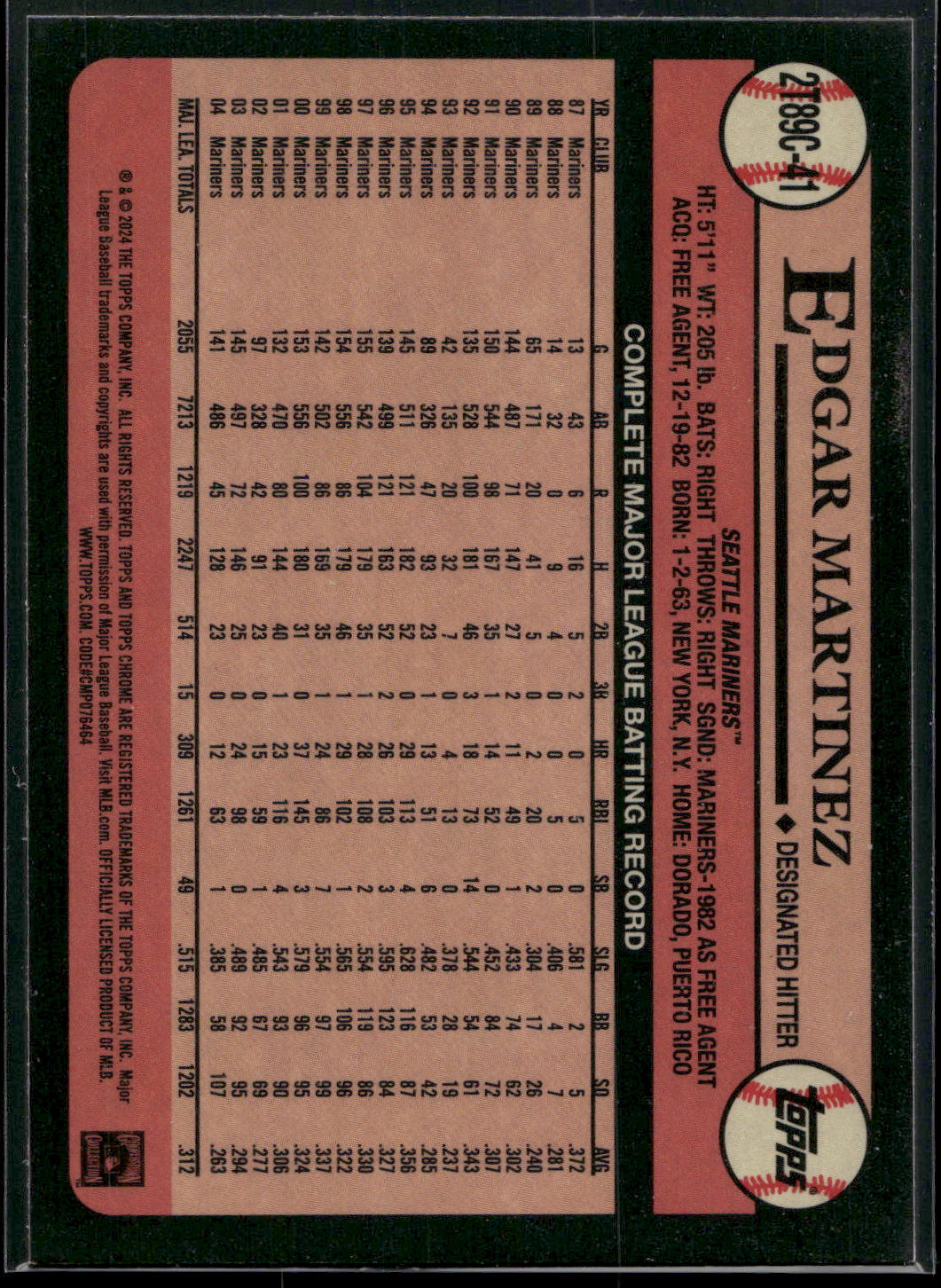 2024 Topps #2T89C-41 Edgar Martinez 1989 Topps Baseball 35th Chrome