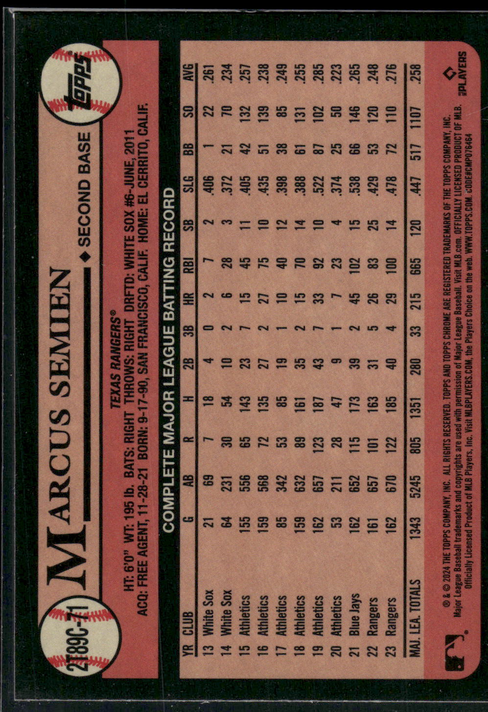 2024 Topps #2T89C-71 Marcus Semien 1989 Topps Baseball 35th Chrome
