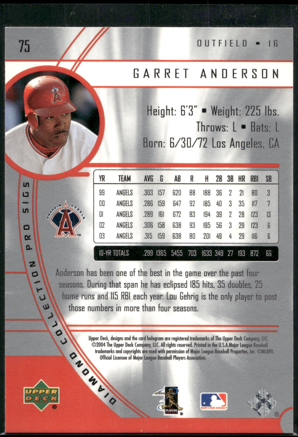 2004 Upper Deck Diamond Collection Pro Sigs #75 Garret Anderson
