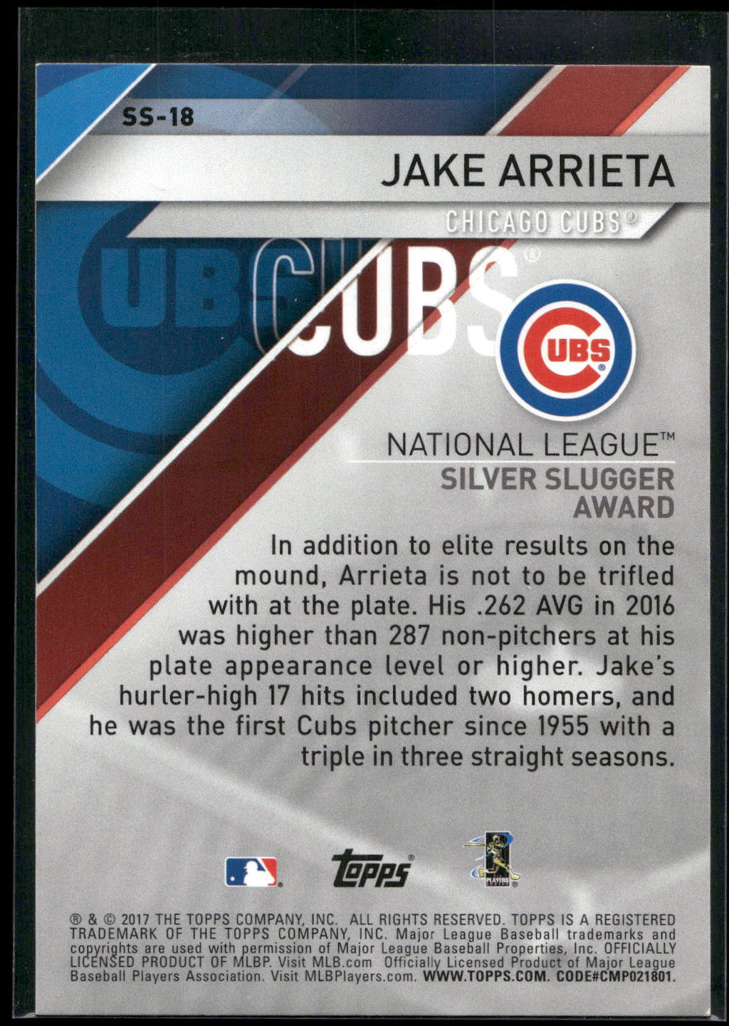 2017 Topps #SS-18 Jake Arrieta Silver Slugger Awards