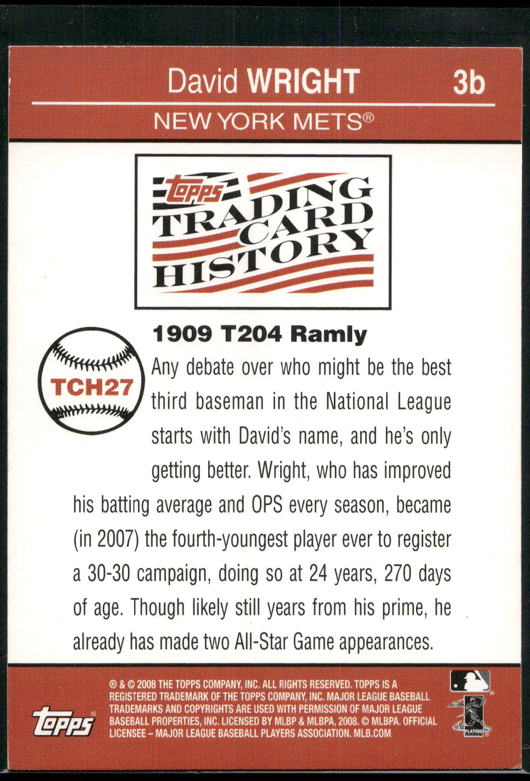 2008 Topps #TCH27 David Wright Trading Card History