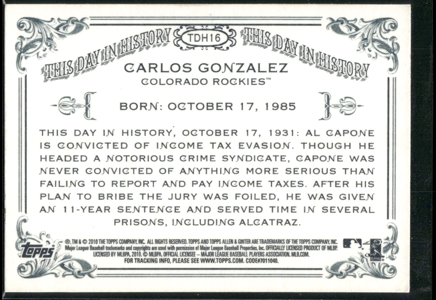 2010 Topps Allen & Ginter #TDH16 Carlos Gonzalez This Day in History