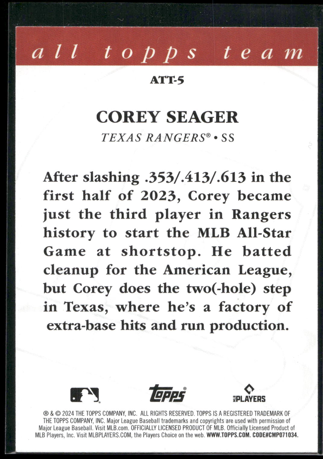 2024 Topps #ATT-5 Corey Seager 2023 All Topps Team
