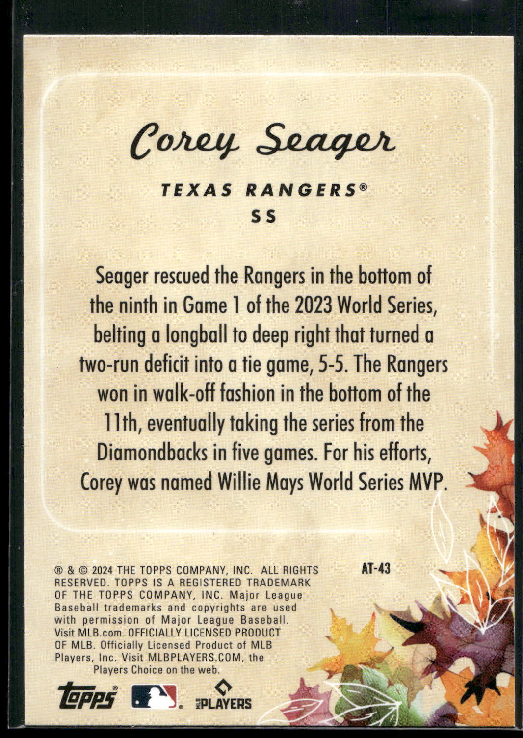 2024 Topps Update #AT-43 Corey Seager Autumn Tales Blue