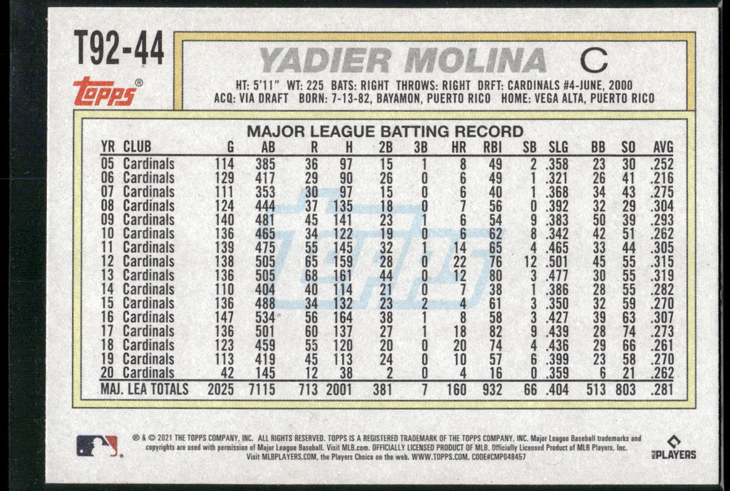 2021 Topps Update #T92-44 Yadier Molina 1992 Topps Redux