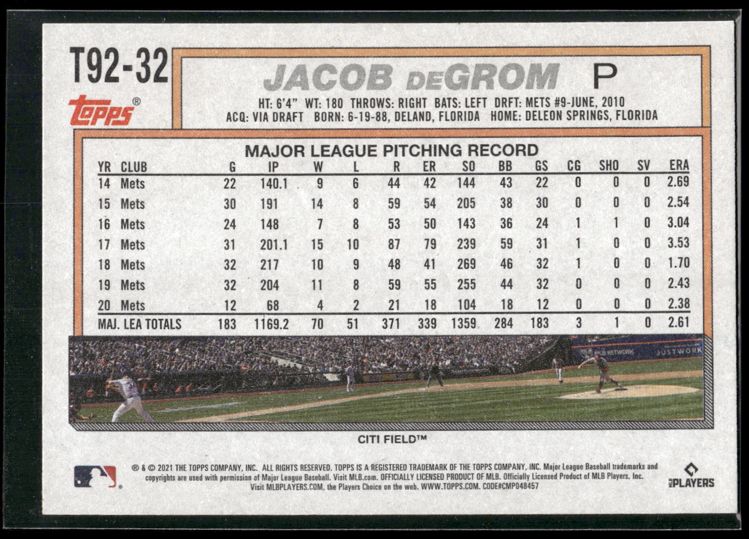 2021 Topps Update #T92-32 Jacob deGrom 1992 Topps Redux