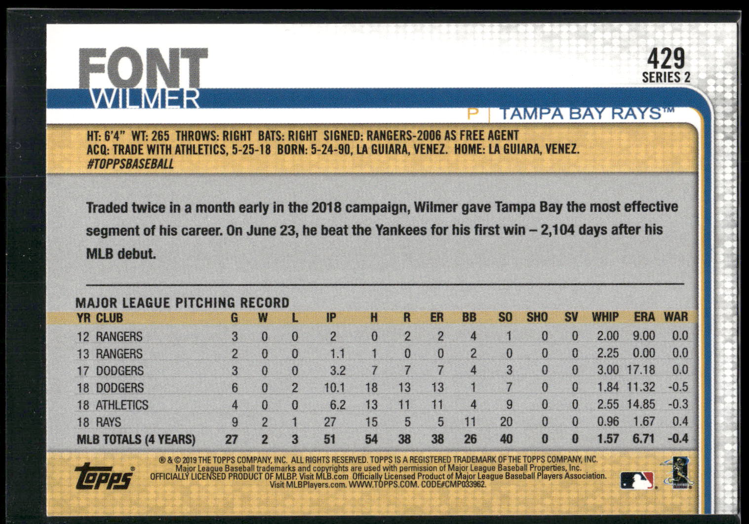 2019 Topps #429 Wilmer Font 150th Anniversary