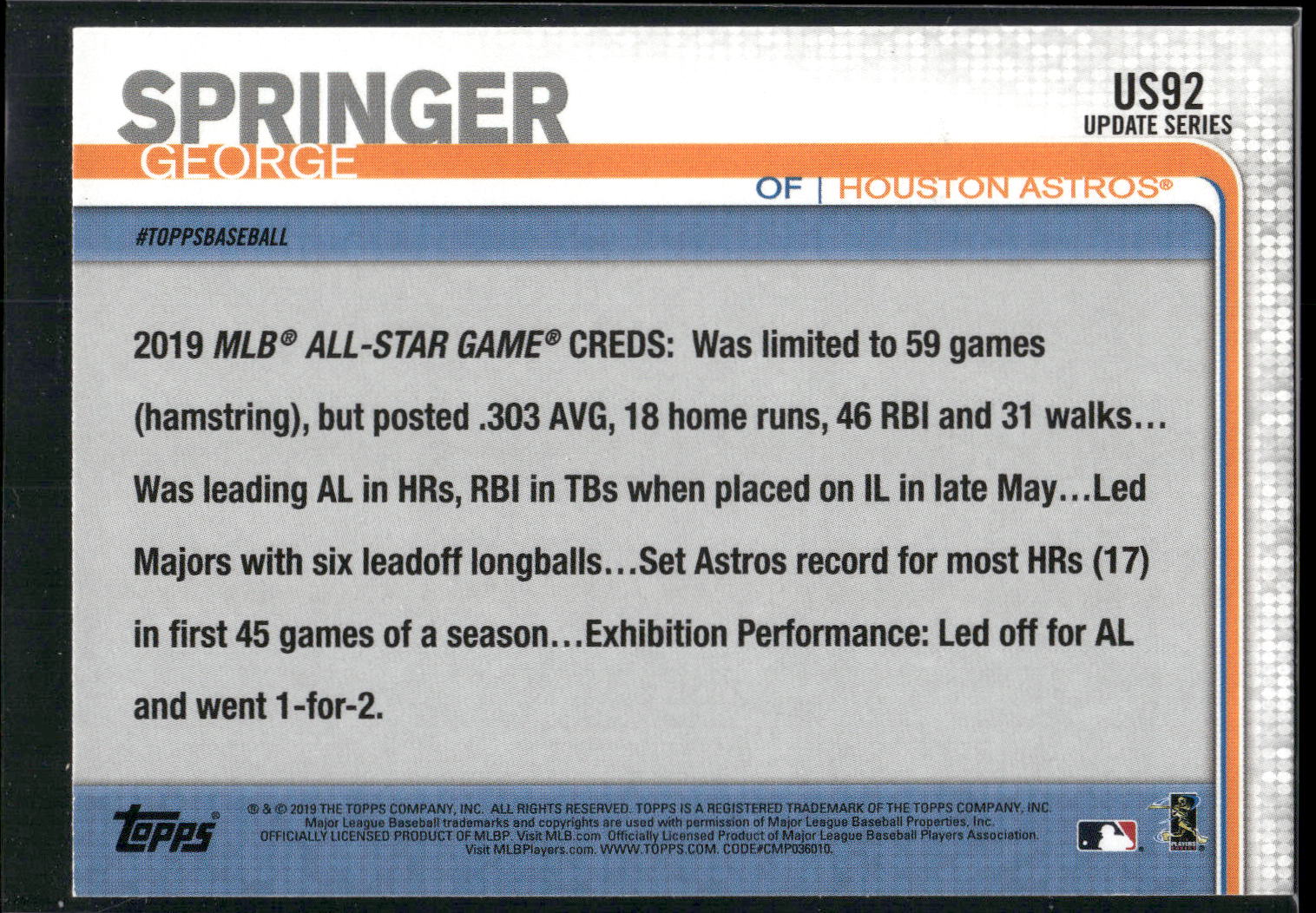 2019 Topps Update #US92 George Springer 150th Anniversary