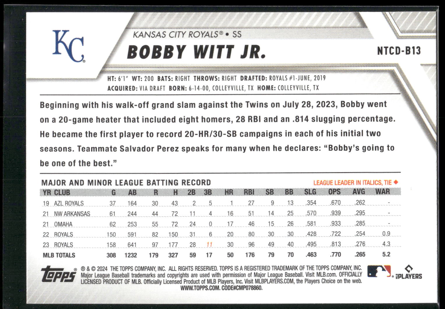 2024 Topps Trading Card Day #NTCD-B13 Bobby Witt Jr.