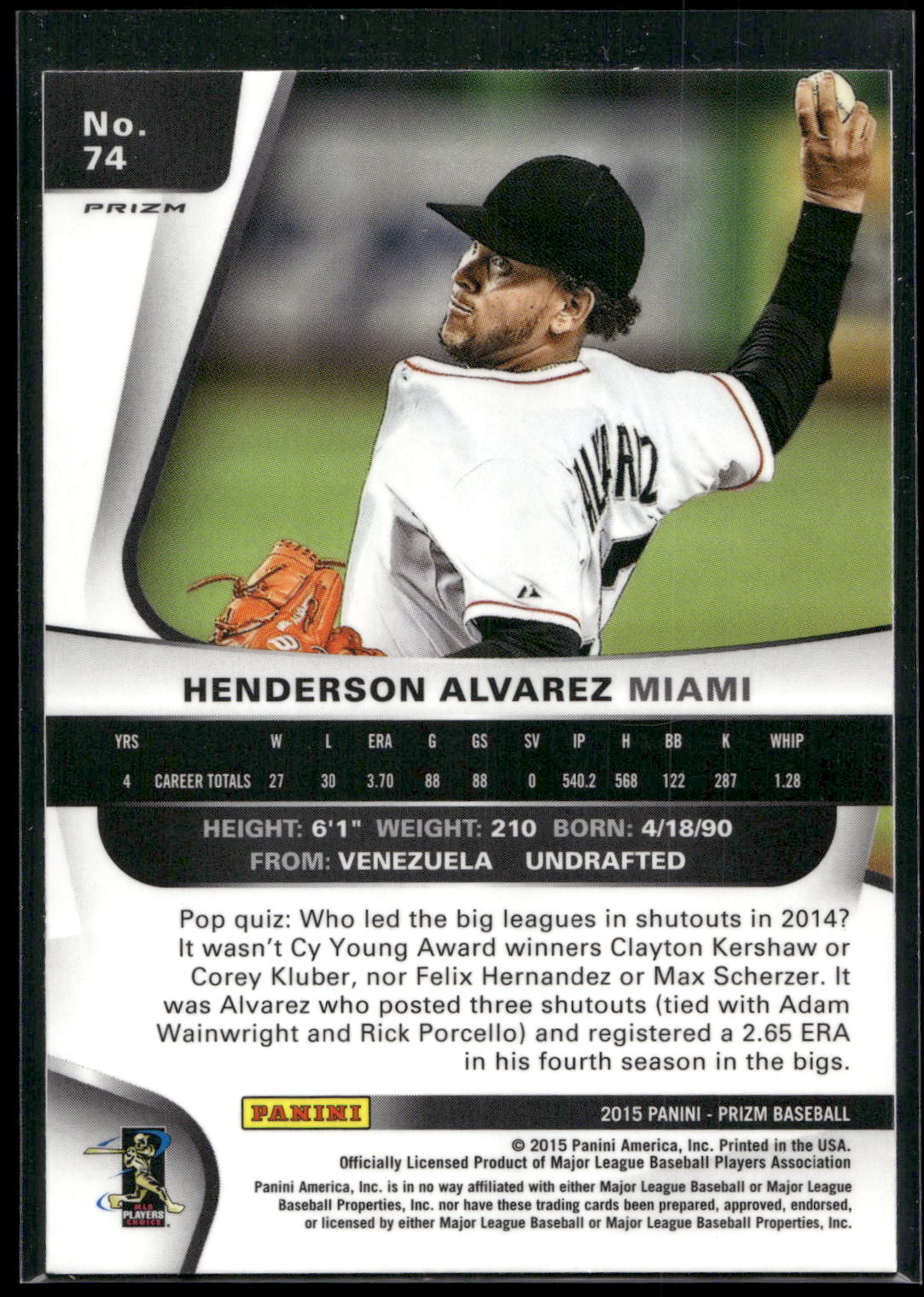 2015 Panini Prizm #74 Henderson Alvarez Red/White/Blue Mojo Prizms