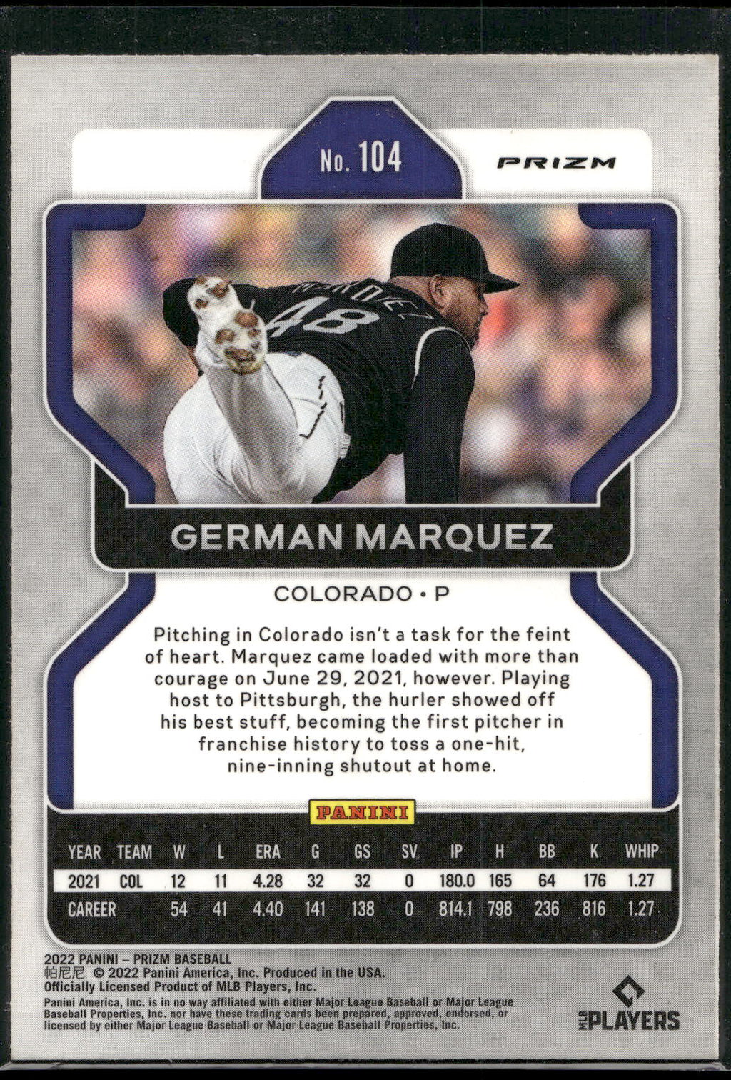 2022 Panini Prizm #104 German Marquez Purple Prizm