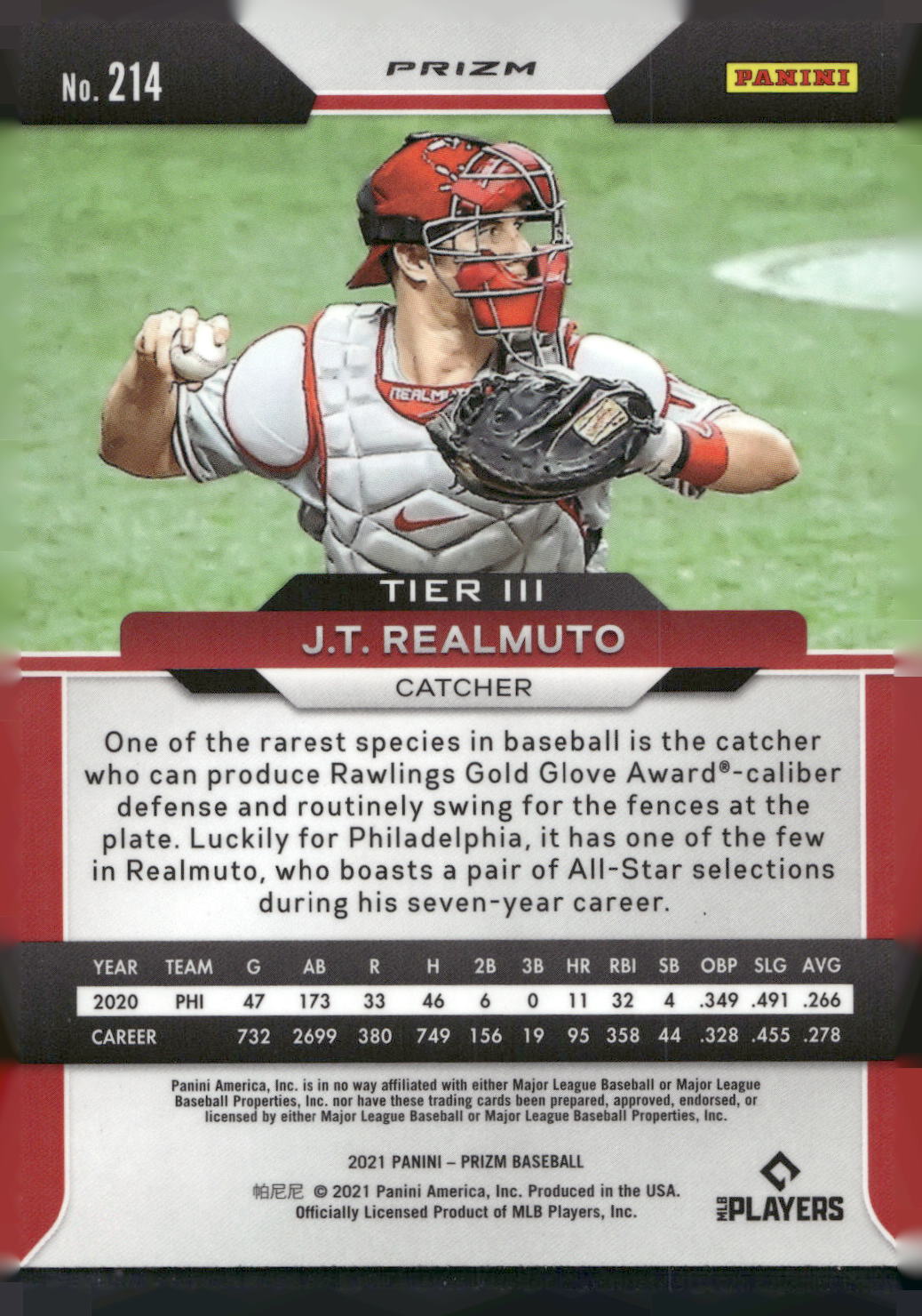 2021 Panini Prizm #214 J.T. Realmuto Red/White/Blue Prizm