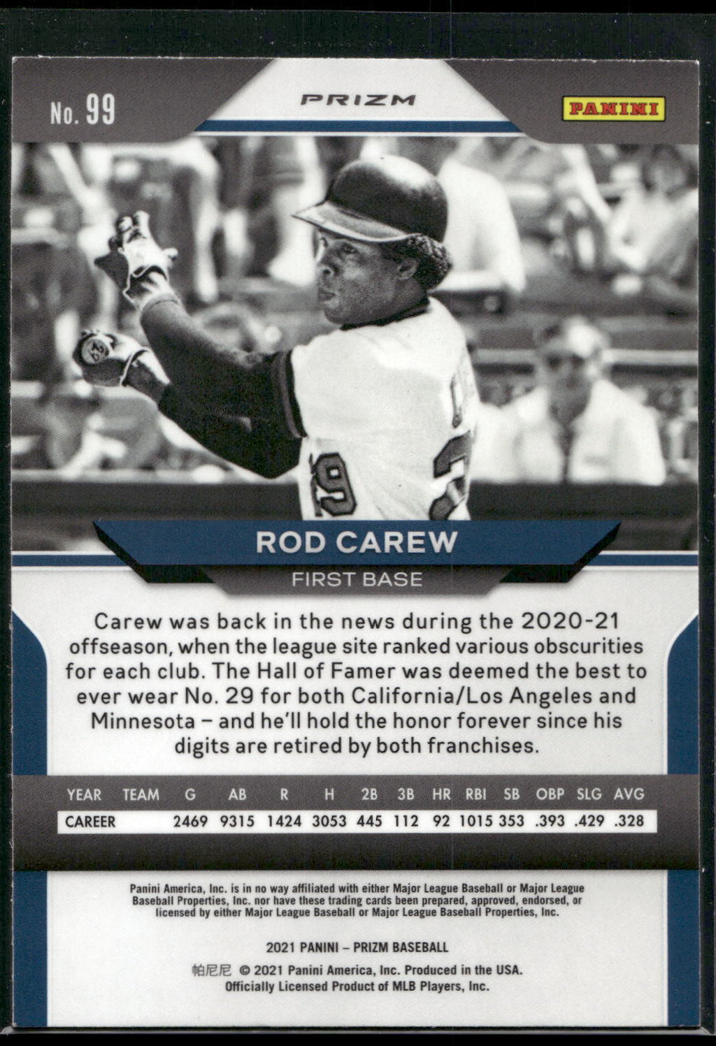 2021 Panini Prizm #99 Rod Carew Red/White/Blue Prizm