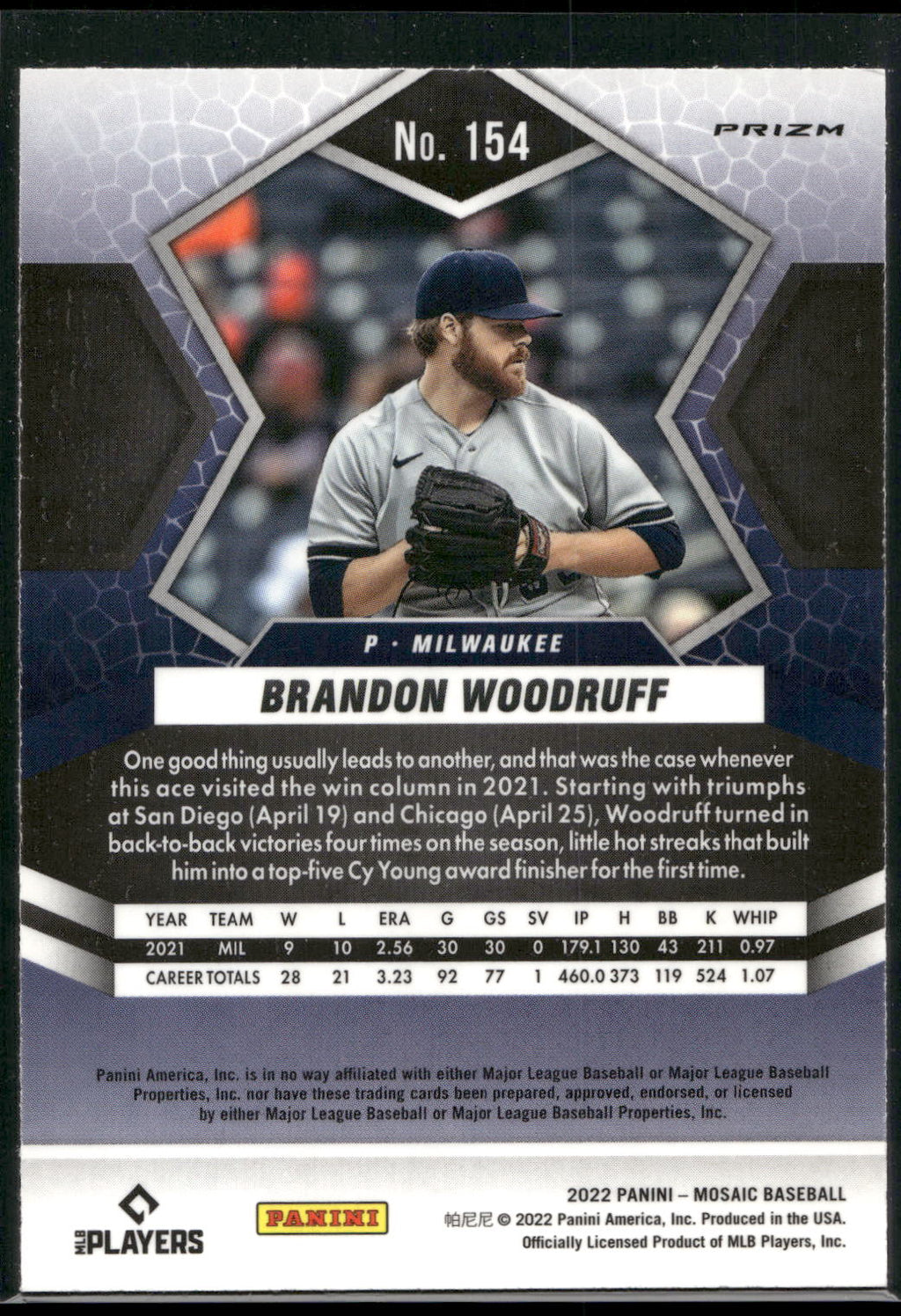 2022 Panini Mosaic #154 Brandon Woodruff Silver Prizm