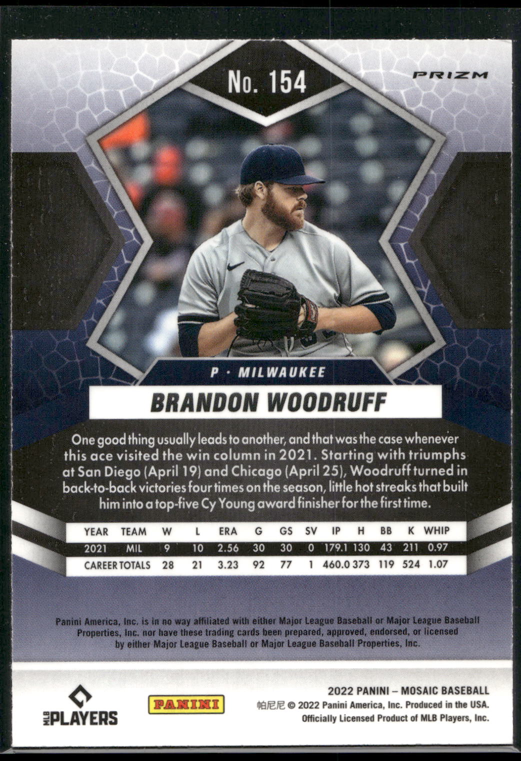 2022 Panini Mosaic #154 Brandon Woodruff Silver Prizm