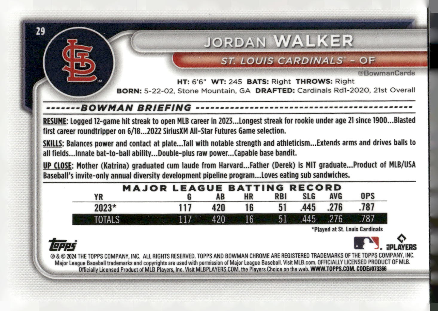 2024 Bowman #29 Jordan Walker Chrome Mojo Refractors