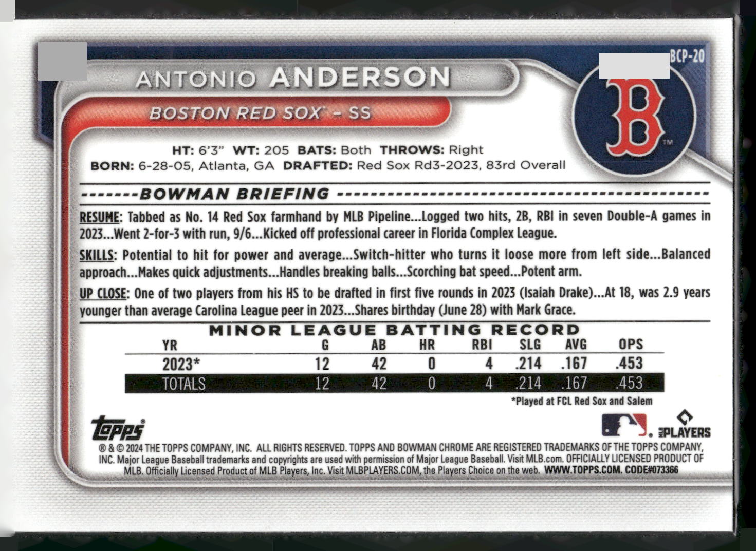 2024 Bowman #BCP-20 Antonio Anderson Chrome Prospects Mojo Refractors