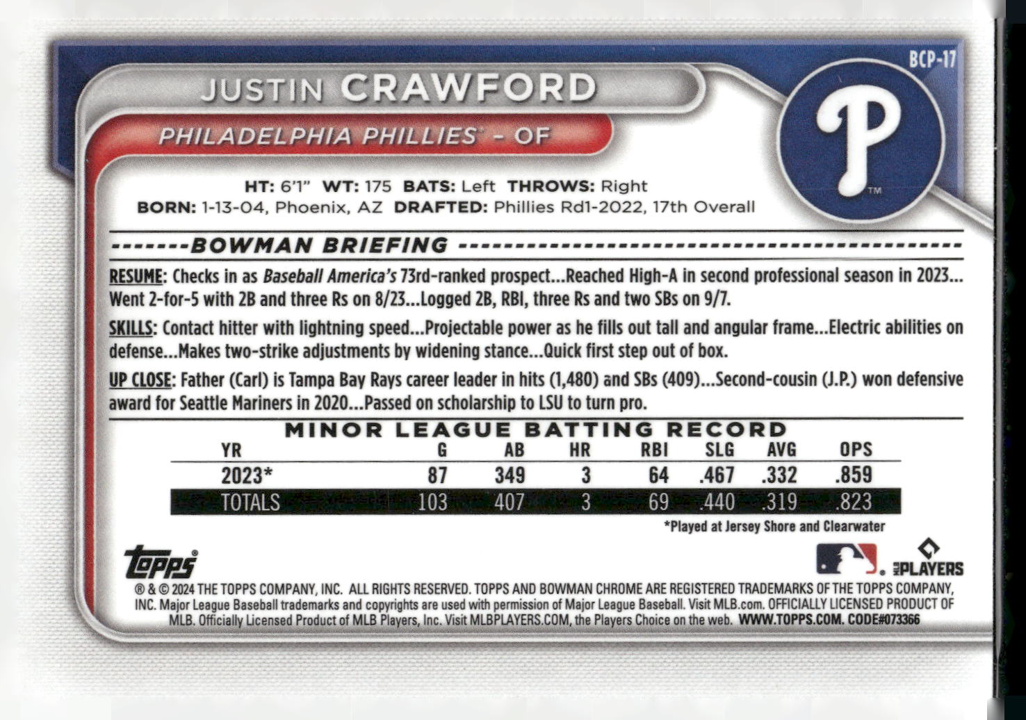 2024 Bowman #BCP-17 Justin Crawford Chrome Prospects Mojo Refractors